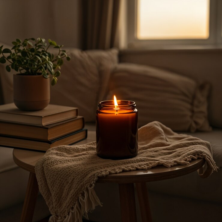 Foto gratuito candela accogliente e libri su un tavolo