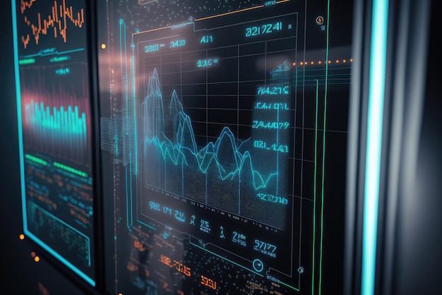 Candeliere del grafico di trading online del mercato azionario sulla piattaforma di criptovalutaSchermo del computer primo piano sfondo Ai generativo