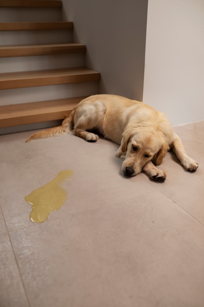 Cane ad alto angolo dopo aver fatto pipì sul pavimento