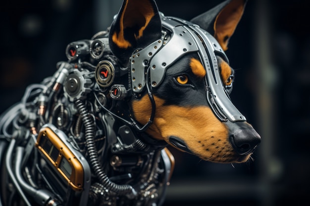 Cane in stile futuristico con tuta da robot