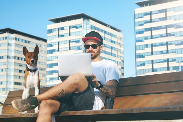 Cane marrone e bianco sveglio che si siede accanto al suo proprietario che lavora su un computer portatile in un parco cittadino