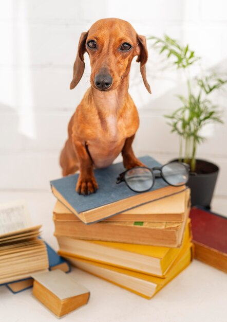 Cane sveglio che si siede sui libri