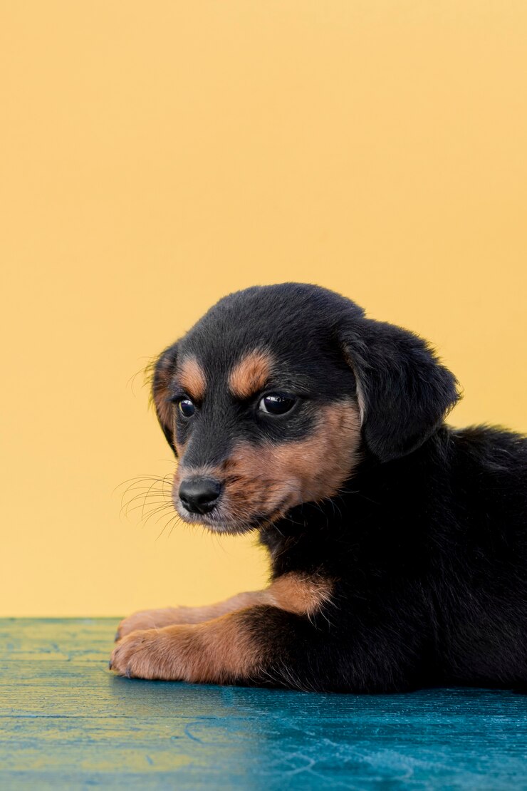 Foto gratuito cane sveglio dell'angolo alto che si siede sul pavimento