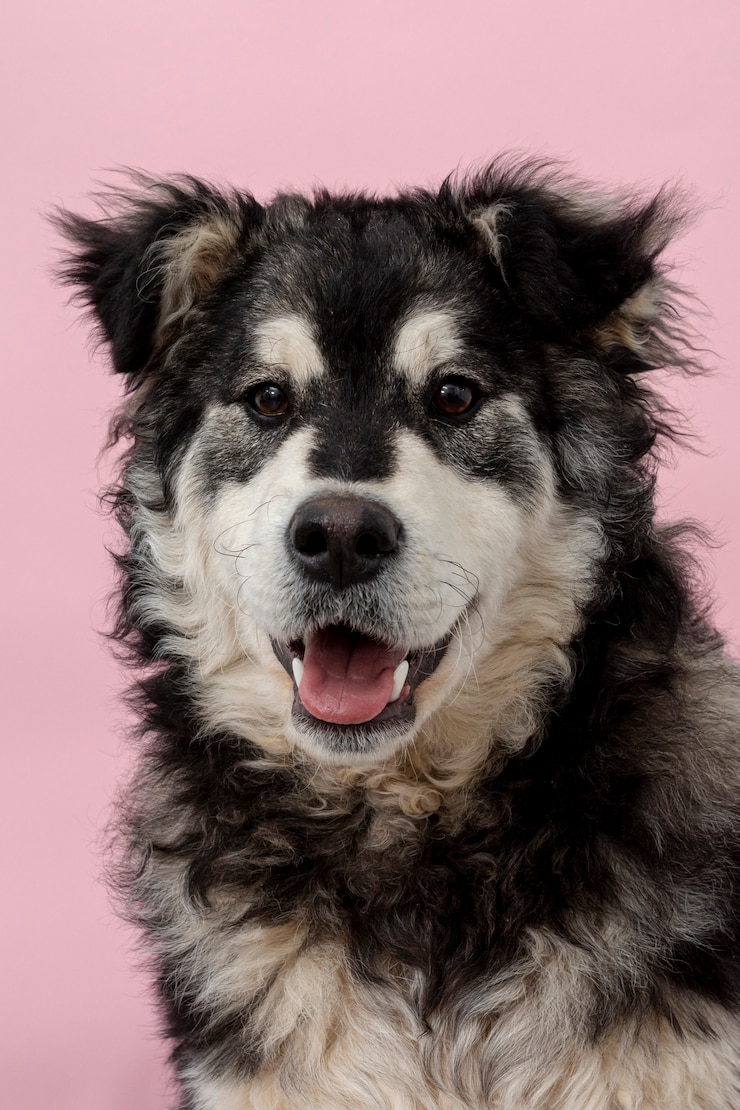 Foto gratuito cane sveglio di vista frontale su fondo rosa