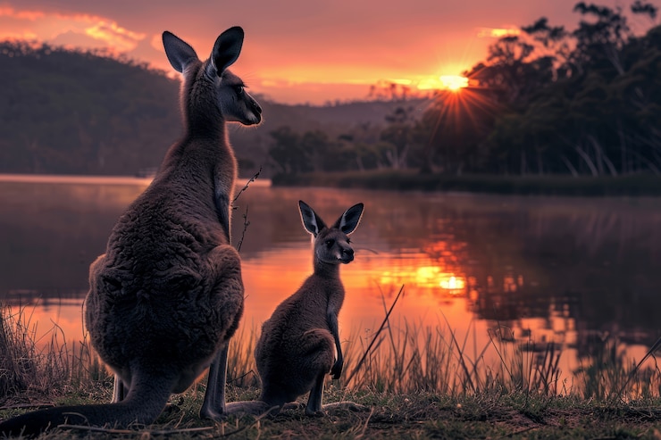 Foto gratuito canguri al tramonto in stile onirico