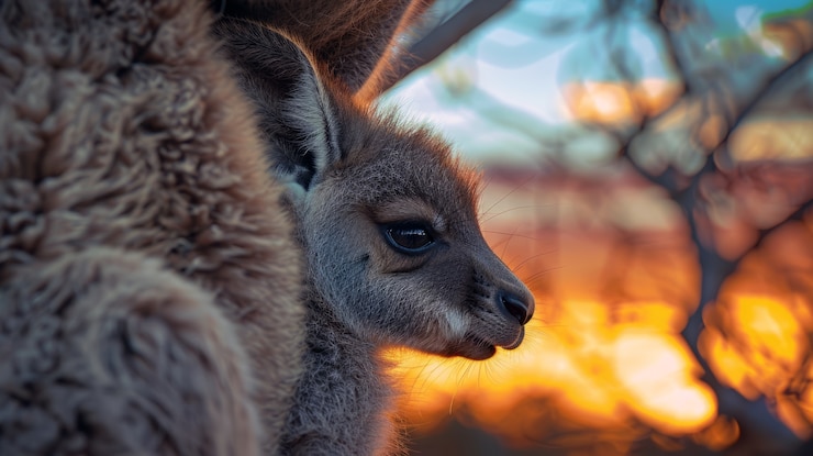 Foto gratuito canguri al tramonto in stile onirico
