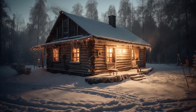 Capanna spettrale di notte invernale abbandonata nella neve generata dall'intelligenza artificiale