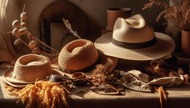 Cappello di paglia e occhiali da sole eleganza moda estiva generata da AI