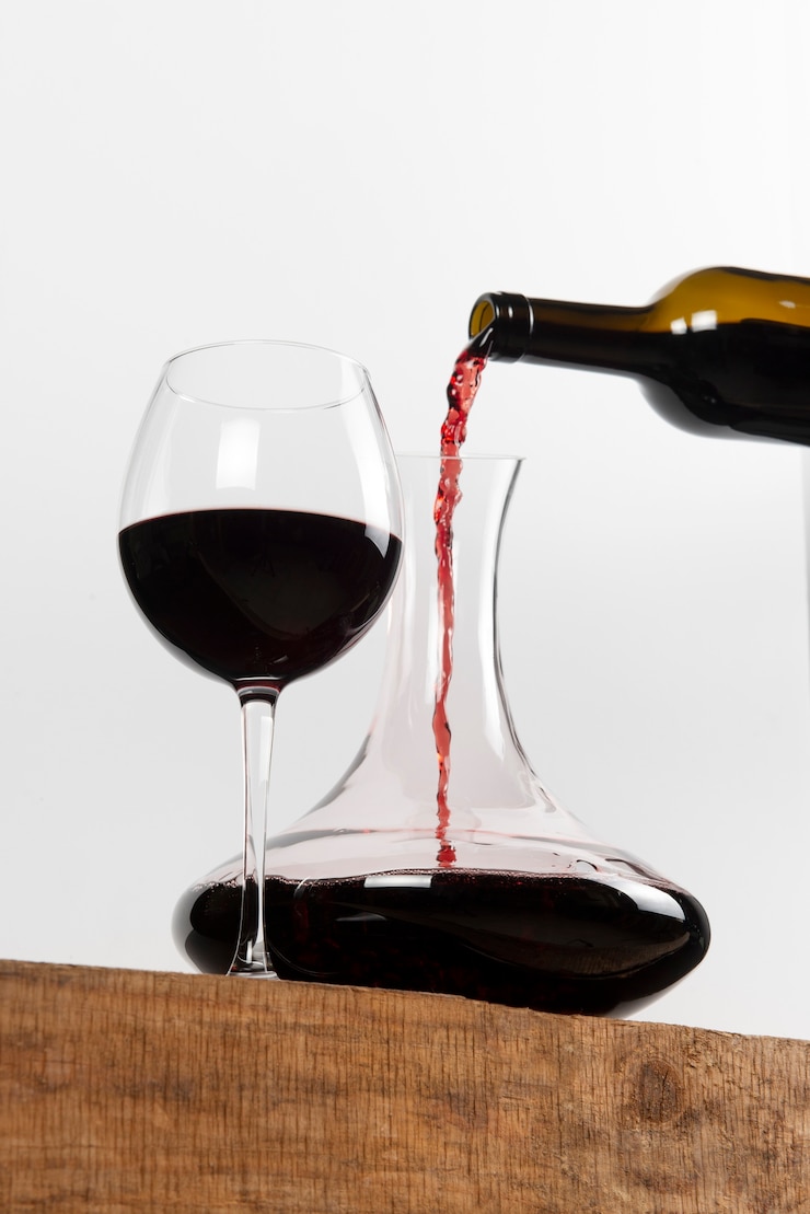 Foto gratuito caraffa e bicchiere per vino rosso ad angolo basso