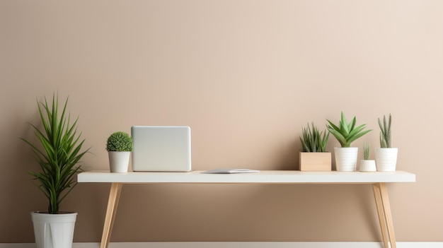Caratterizzato da una scrivania bianca, una pianta verde e molta luce naturale, questo è un ufficio domestico minimalista