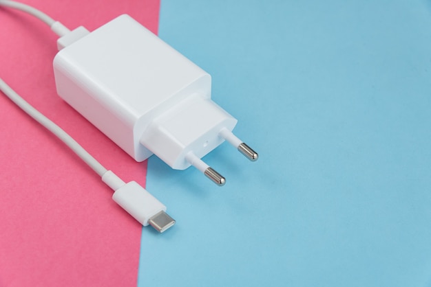 Caricabatterie e cavo USB tipo C su sfondo rosa e blu