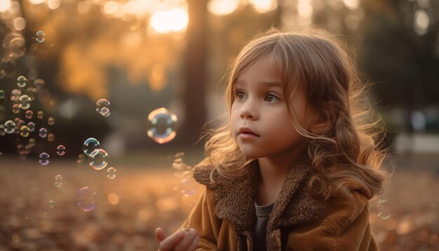 Carina ragazza caucasica che soffia bolle in natura generate dall'intelligenza artificiale