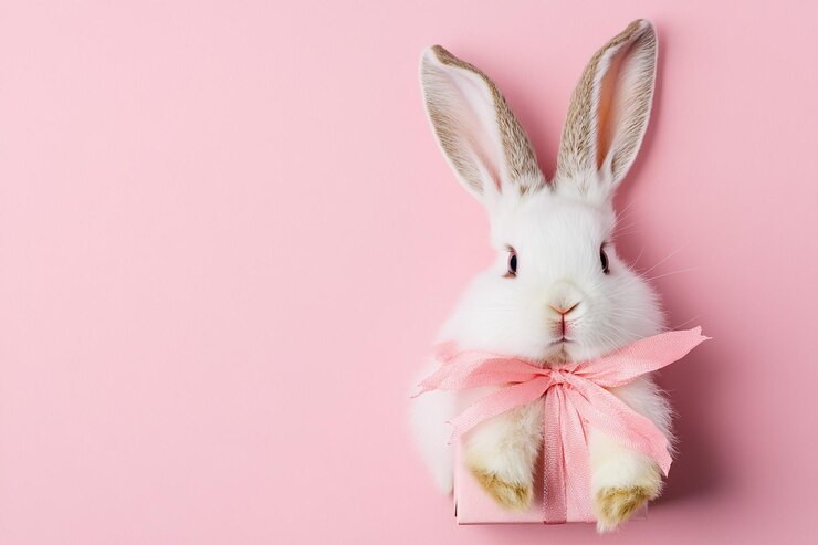 Foto gratuito carino coniglietto bianco in una scatola da regalo rosa su uno sfondo rosa un'immagine perfetta di pasqua
