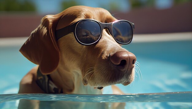 Carino cucciolo di retriever che indossa occhiali da sole all'aperto in estate IA generativa
