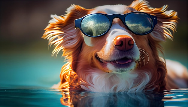 Carino cucciolo in occhiali da sole che guarda all'aperto giocoso AI generativo