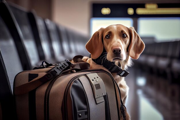 Carino cucciolo seduto nel bagaglio in attesa di viaggiare IA generativa