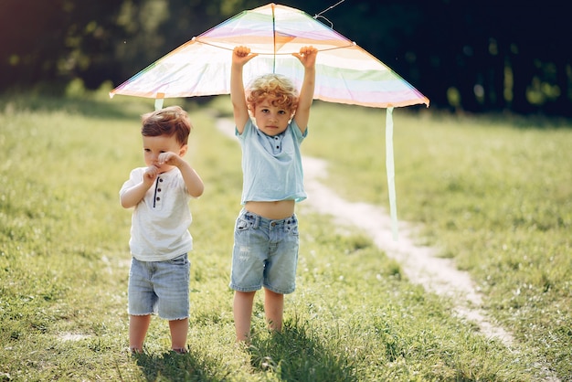 Carino piccolo bambino in un campo estivo con un aquilone