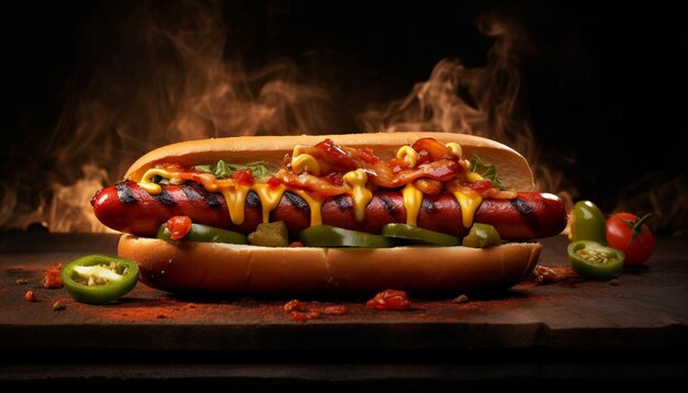 Carne alla griglia, hot dog, spuntino, freschezza, pranzo al barbecue generato dall'intelligenza artificiale