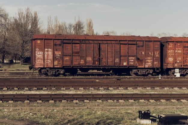 Carro merci per il trasporto di merci sfuse, grano. L'URSS. treno merci alla stazione. sulla piattaforma