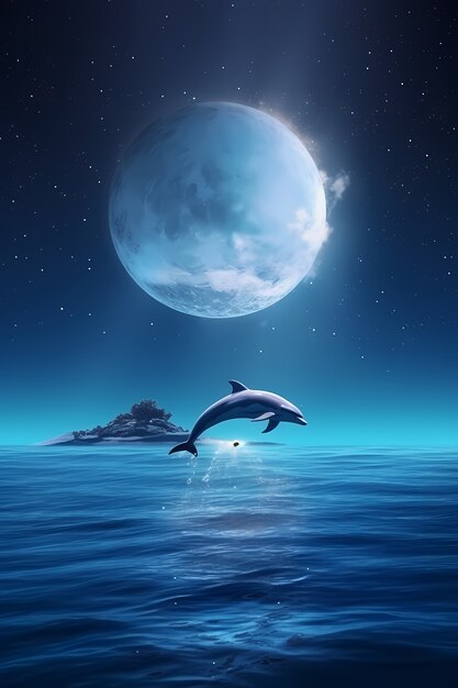 Carta da parati artistica digitale con luna e delfini