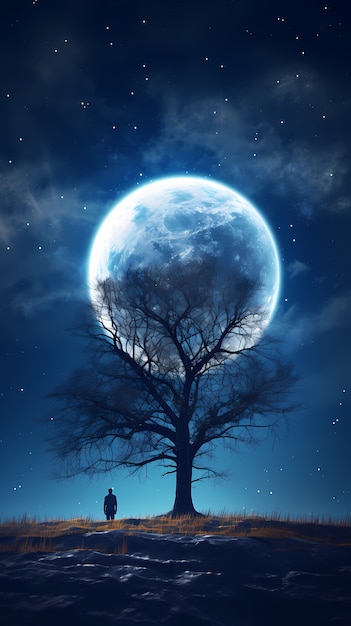 Carta da parati con luna e albero di arte digitale