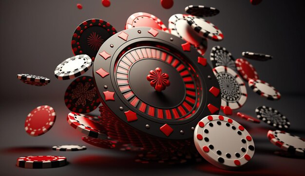 Carte da gioco e fiches da poker volano al casinò Concetto di roulette del casinò su sfondo scuro AI generativo