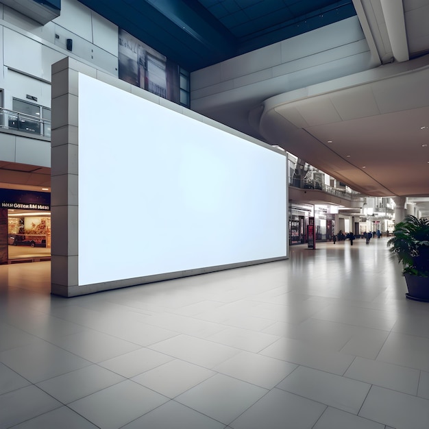 Cartellone bianco nella hall di un moderno centro commerciale rendering 3D