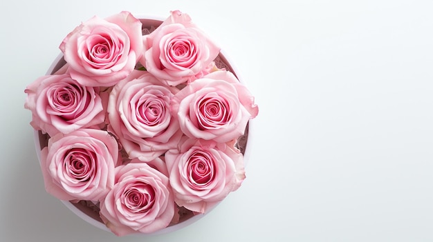 Cartolina di San Valentino con rose rosa in una scatola su sfondo bianco