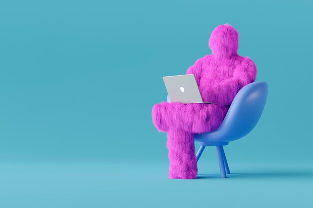 Cartone animato yeti viola seduto sulla sedia