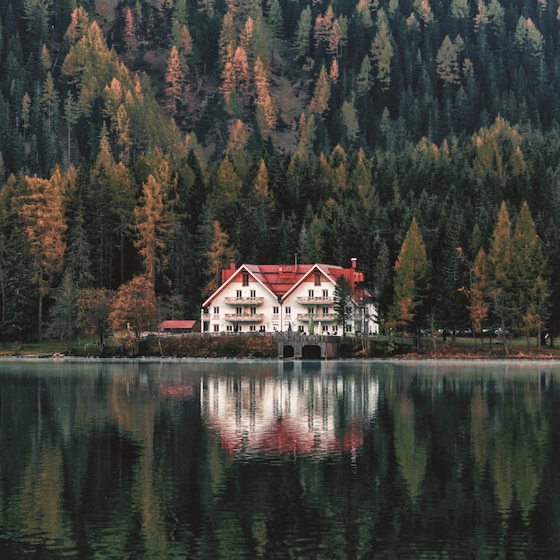 Casa bianca e arancione accanto alla foresta e allo specchio d'acqua