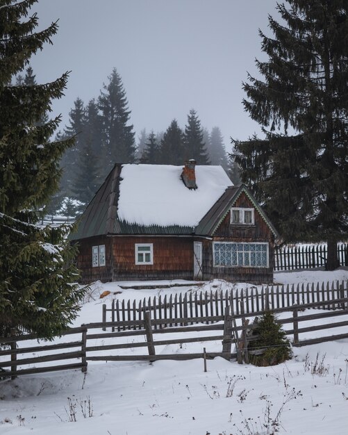 Casa con staccionata in legno in mezzo alla neve e ai pini