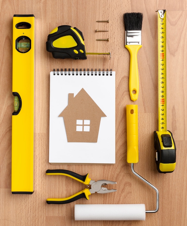 Foto gratuito casa di cartone su un blocco note e strumenti
