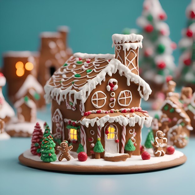 Casa di pan di zenzero di Natale con albero di Natale e fiocchi di neve su sfondo blu