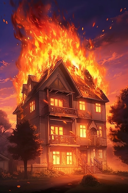 Casa in fiamme in stile anime