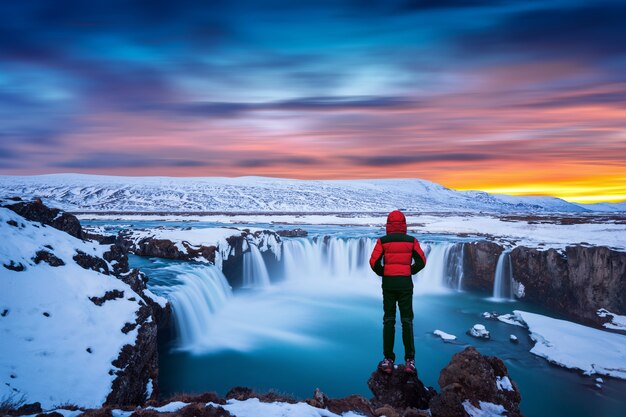 Cascata Godafoss al tramonto in inverno, Islanda. Ragazzo in giacca rossa guarda la cascata di Godafoss.