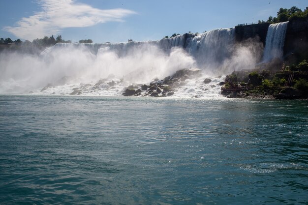 Cascate del Niagara ricoperte di vegetazione sotto un cielo blu e luce solare negli Stati Uniti