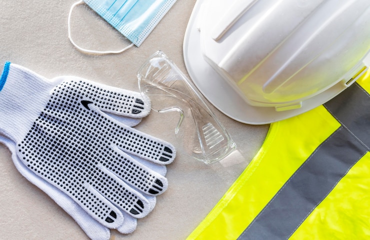 Foto gratuito casco da costruzione di sicurezza vista dall'alto e maschera medica