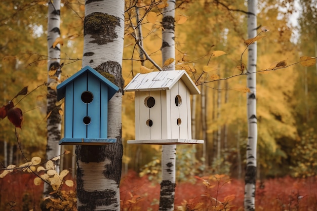 Case di uccelli colorati all'aperto