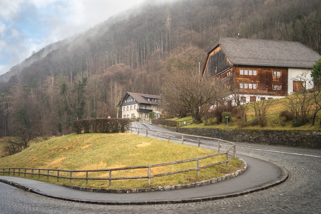 Case su una montagna con una strada tortuosa con alberi