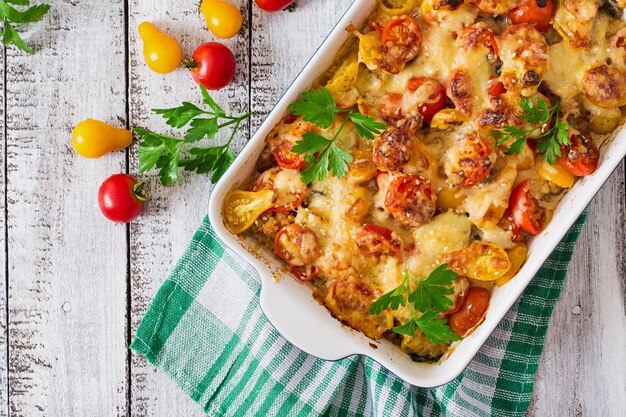 Casseruola di verdure vegetariana con zucchine, funghi e pomodorini