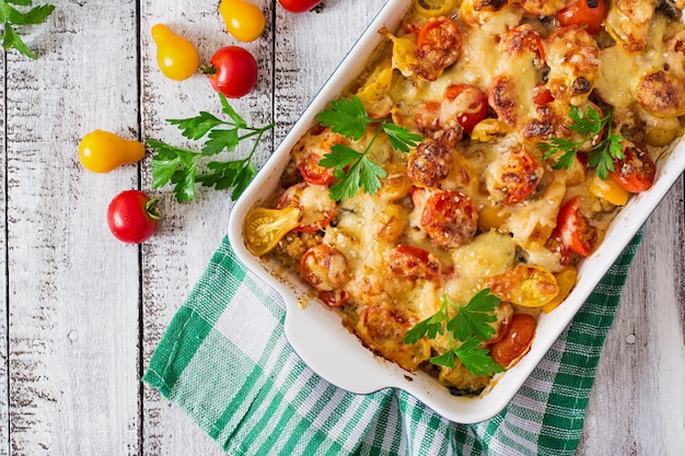 Casseruola di verdure vegetariana con zucchine, funghi e pomodorini