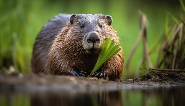 Castoro bagnato che mangia nutria sul riflesso dello stagno generato dall'intelligenza artificiale