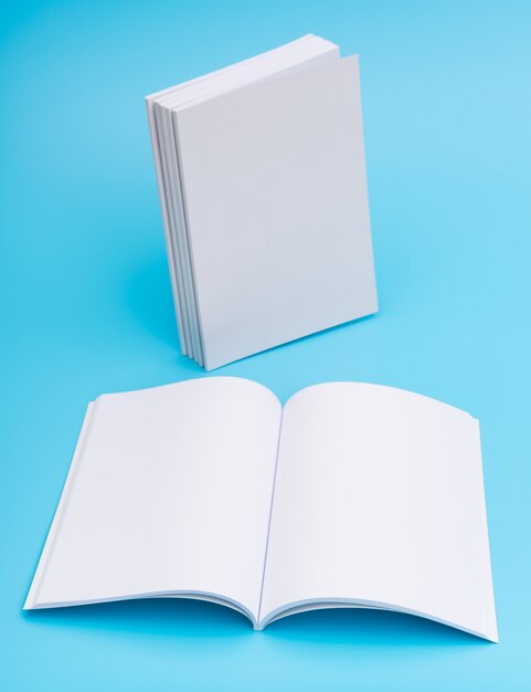 Catalogo in bianco, riviste, libro mock up su sfondo blu. .