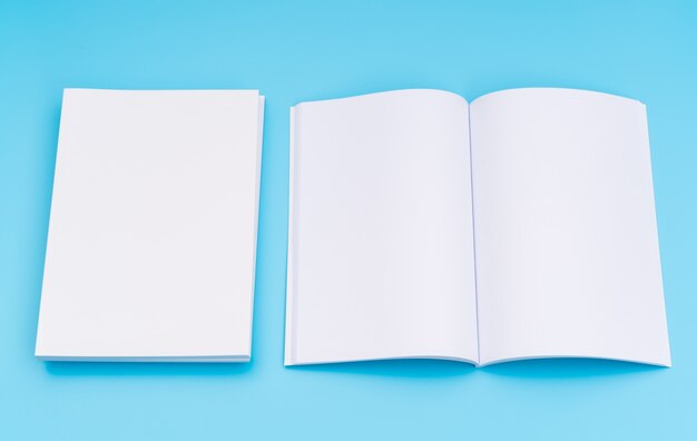 Catalogo in bianco, riviste, libro mock up su sfondo blu. .