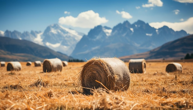 Cataste di grano raccolto adornano prati dorati sotto cieli azzurri generati dall’intelligenza artificiale