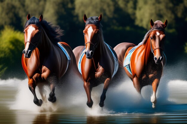 Cavalli che corrono in una corsa d'acqua con la parola cavalli sul fondo.
