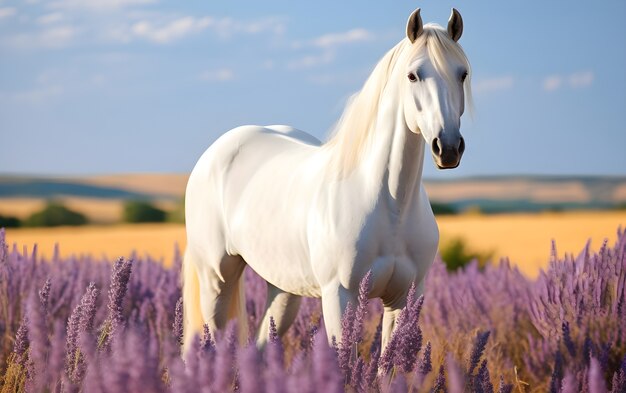 Cavallo in mezzo al campo di lavanda