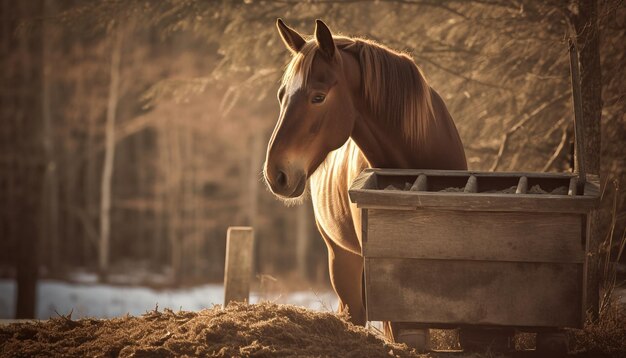 Cavallo purosangue che pasce in un prato rustico generato dall'intelligenza artificiale