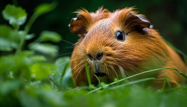 Cavia carina che mangia erba verde all'aperto generata dall'intelligenza artificiale