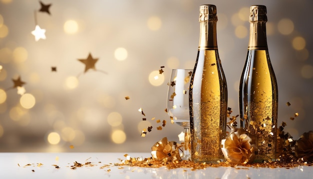 Celebrazione della decorazione luminosa di coriandoli della bottiglia di champagne di Capodanno generata dall'intelligenza artificiale